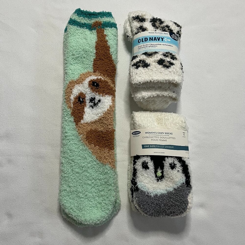 Old Navy Women's One Size Cozy Sock Bundle, Sloth, Penguin, Cheetah Print NWT